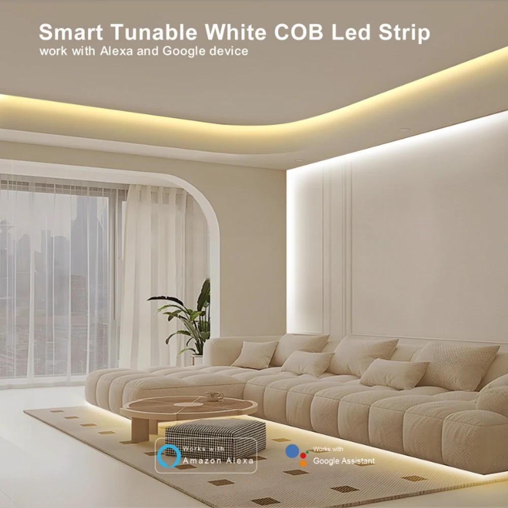 Фото 10M 20M Tuya WiFi COB CCT Светодиодная лента 24V Dual White Room Light 2700-6500K 2.4G RF Dimming Touch Remote f Alexa Google SmartThings №2