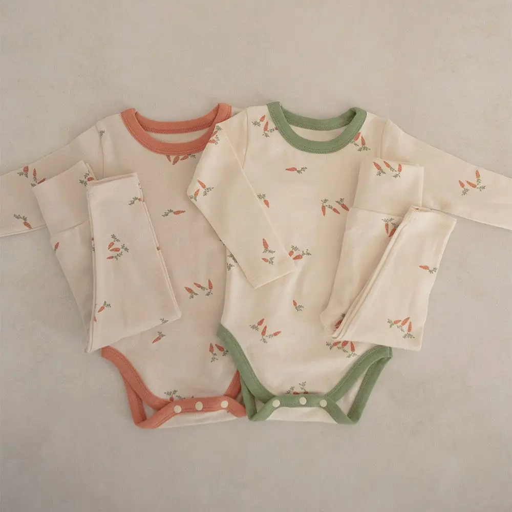 

Autumn Homewear Outfits Newborn Carrot Print Long Sleeve Bodysuit + Pants + Lacing Cap 3pcs Boy Girl Cotton Casual Onesie Suit