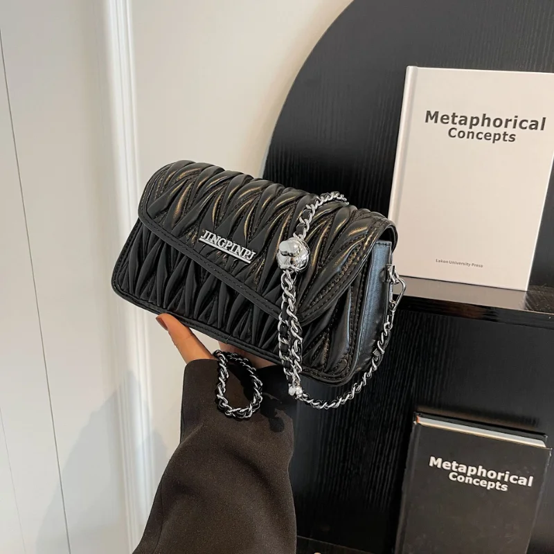 Luxury Pleated Chain Crossbody Bags for Women Pu Leather Shoulder Underarm Square Cute Lady Fashion Handbag Purse Summer Travel