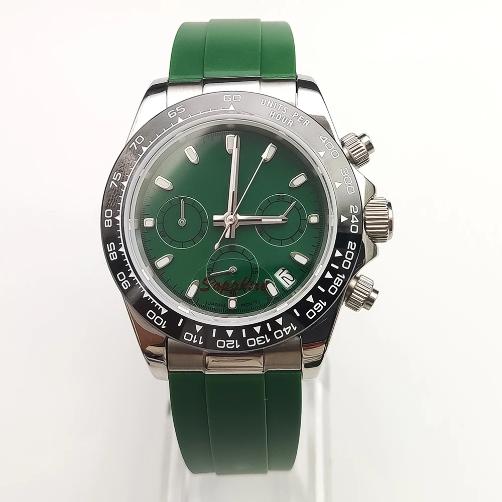 New Design Green 39mm Chronograph Men's quartz watch VK63 Movement Luminous Date Sapphire Glass Stainless Steel Bracelet