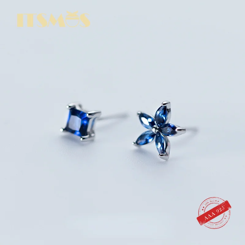 

ITSMOS Flower Earrings Female Elegant Blue Diamond Square CZ Crystals Asymmetrical S925 Sterling Silver Jewelry for Women Gift