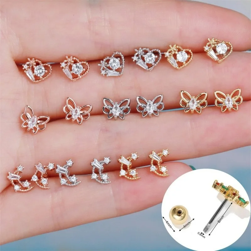 

1Piece Stud Earring for Women Gril Jewelry, Cubic Zirconia Heart Butterfly Moon Shaped Stainless Steel Earrings, 8mm Bar EGD0454