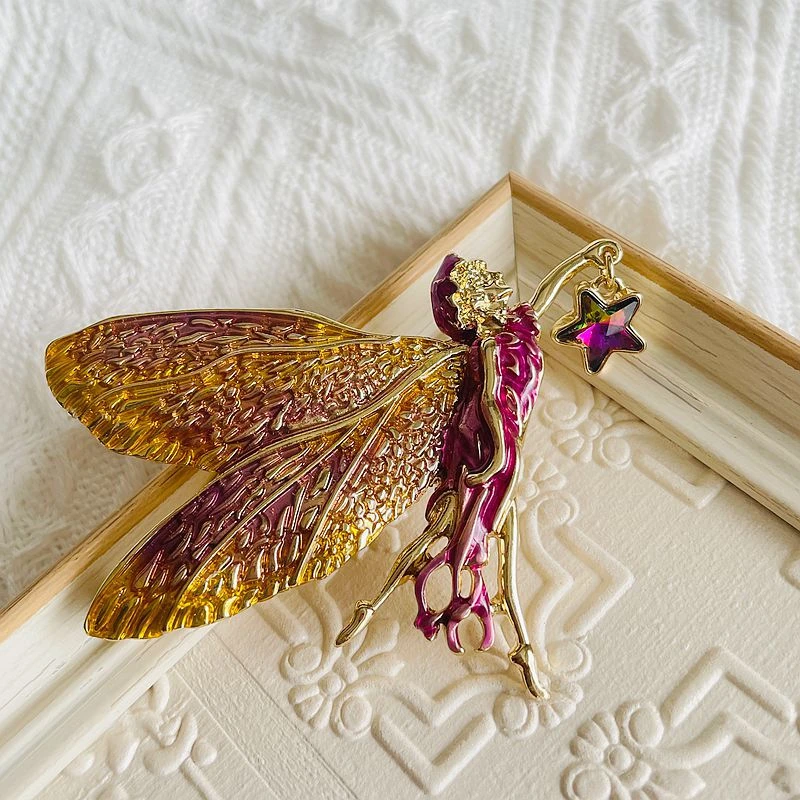 Женская Винтажная брошь в виде ангела и эльфа с градиентными крыльями |