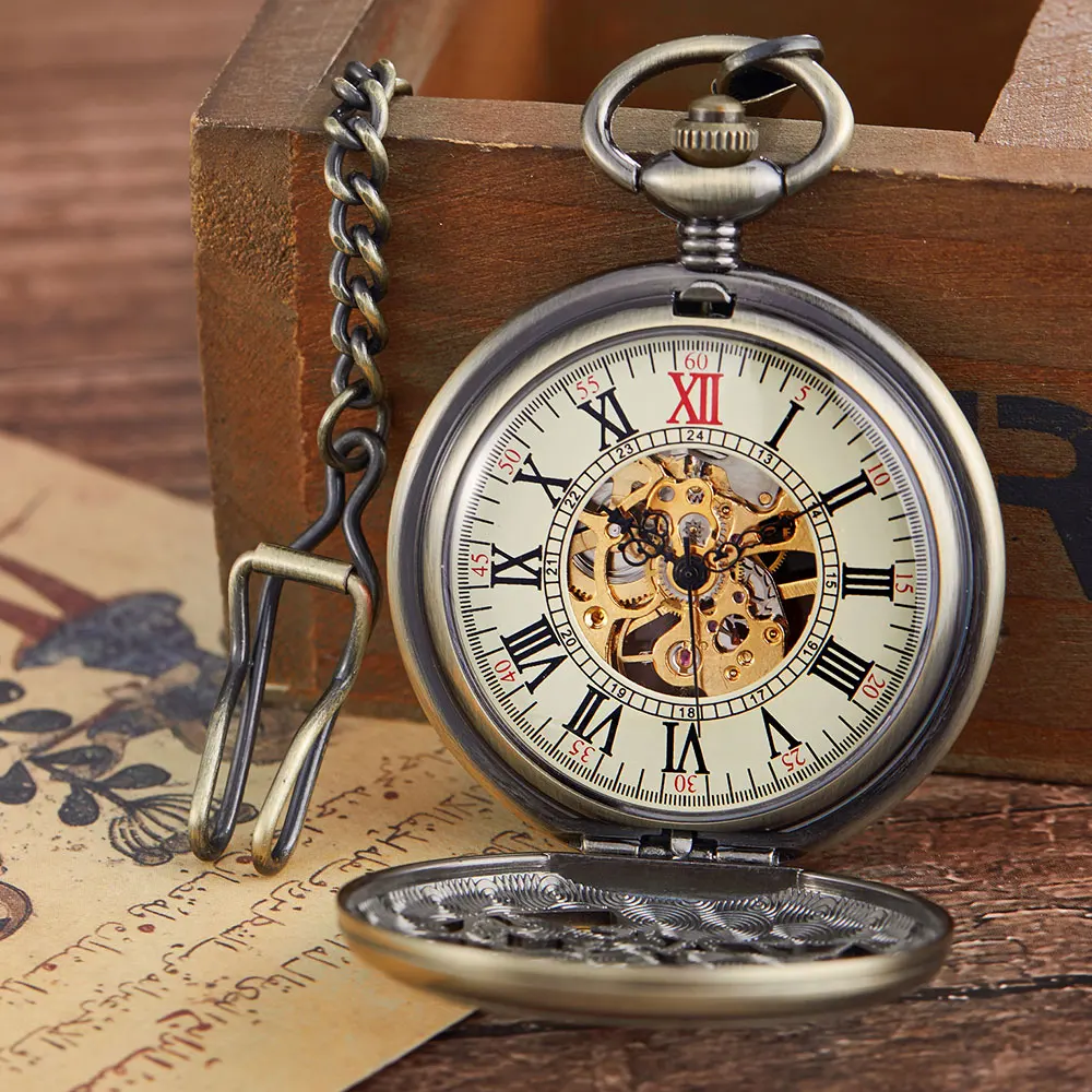 Vintage Bronze Crane Deer Carving Design Mechanical Pocket Watch FOB Waist Chain Hollow Steampunk Skeleton Hand Wind Mens Clock