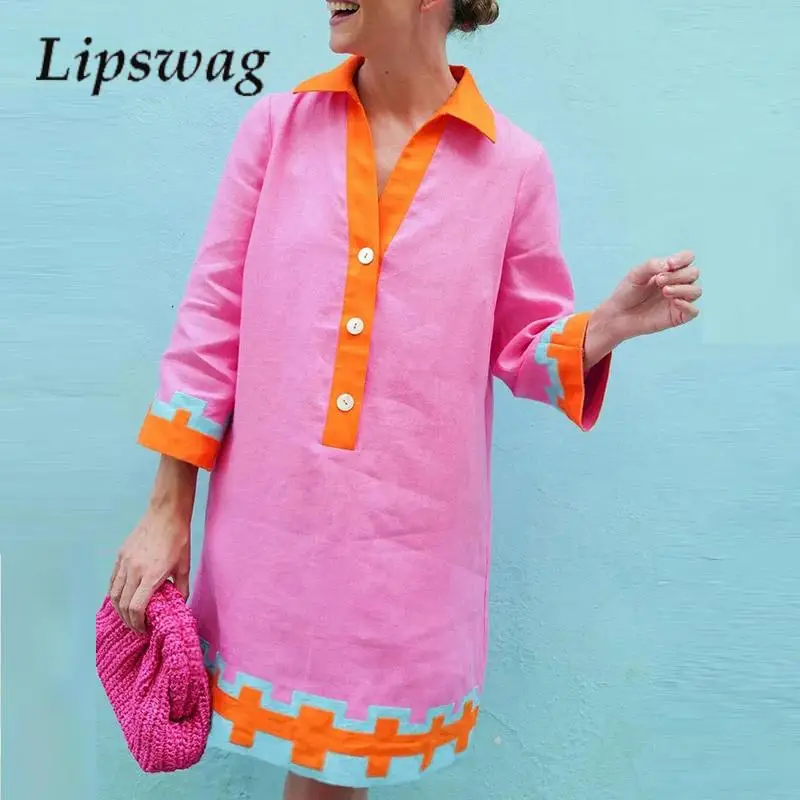 

Fashion Patchwork Print Party Dress Women Elegant Turn-down Collar A-Line Dress Ladies Vintage Long Sleeve Button Midi Dresses
