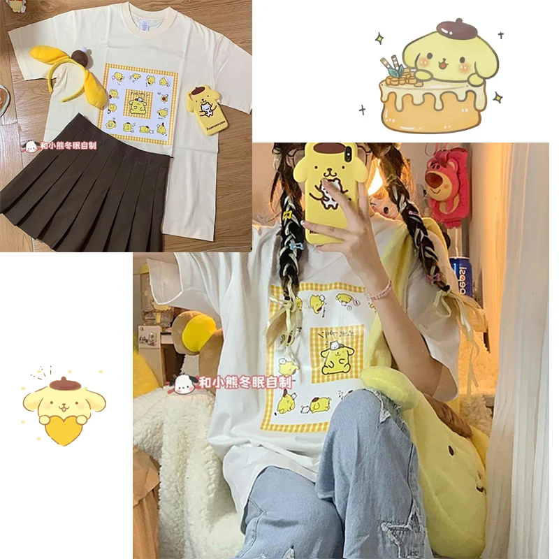 

Kawaii Sanrios помпоны пурпурные хлопковые с короткими рукавами приятные на ощупь мягкие аниме милые Мультяшные футболки для девочек повседневные универсальные летние новые