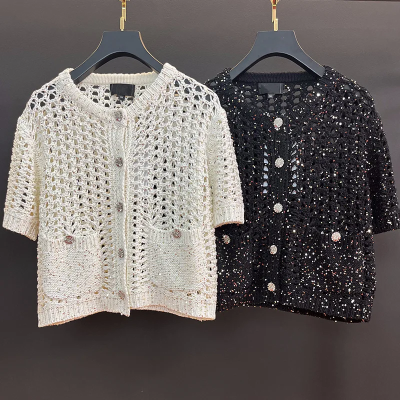 

2023 Spring Summer Brand New Designer Women's High Quality Sequins Hollow-out Knitted Jackets C290
