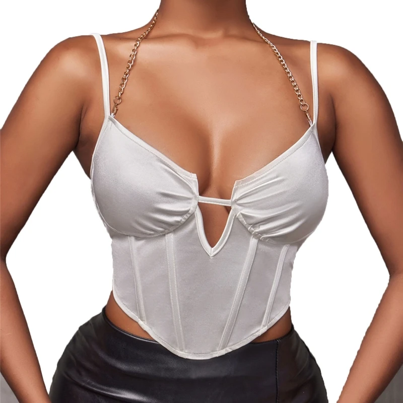 

Women Summer Sleeveless Croset Camisole Sexy Deep V-Neck Backless Hollow Out Bustier Crop Top Spaghetti Strap Fish Boned U4LF