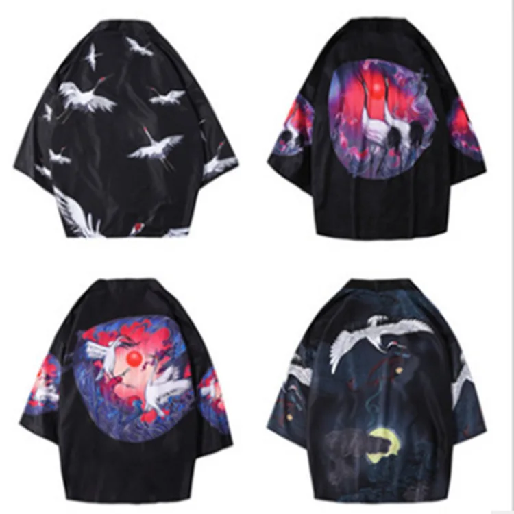 Chinese Print Crane Couple Kimono Robe Casual 3/4 Sleeve Rayon Cardigan Summer New Underwear Couple Home Bathrobe Coat