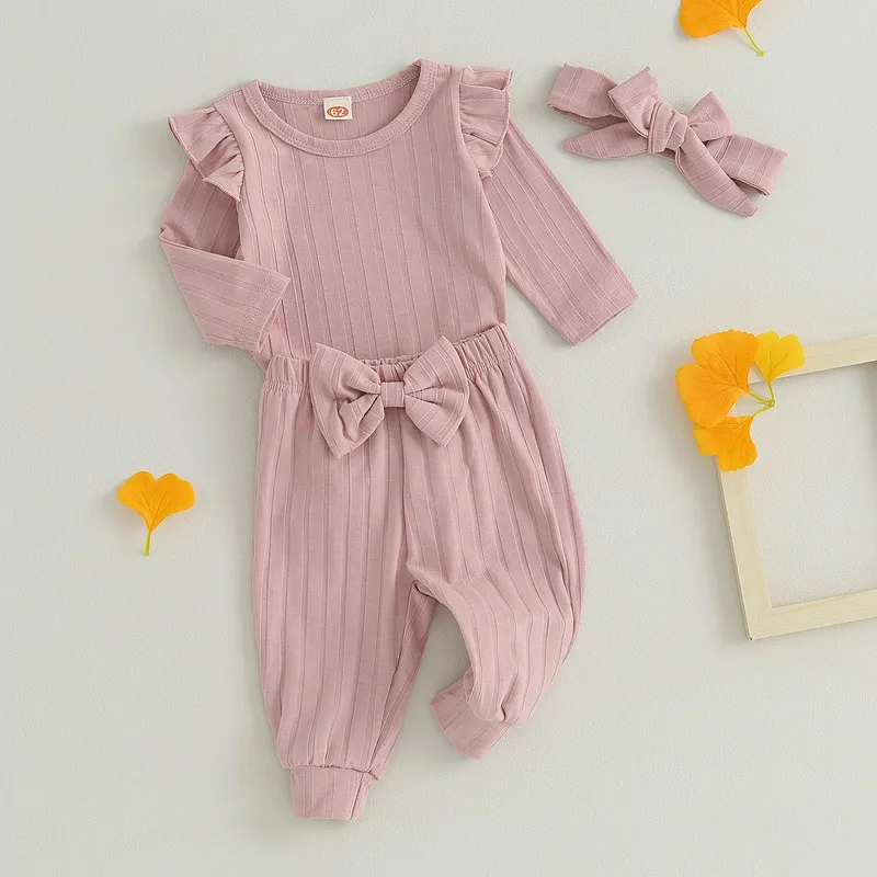 

Брюки для новорожденных девочек, комплекты, осенняя одежда, однотонное боди с длинными рукавами с оборками и повседневные штаны, повязка на голову, наряд, детские товары