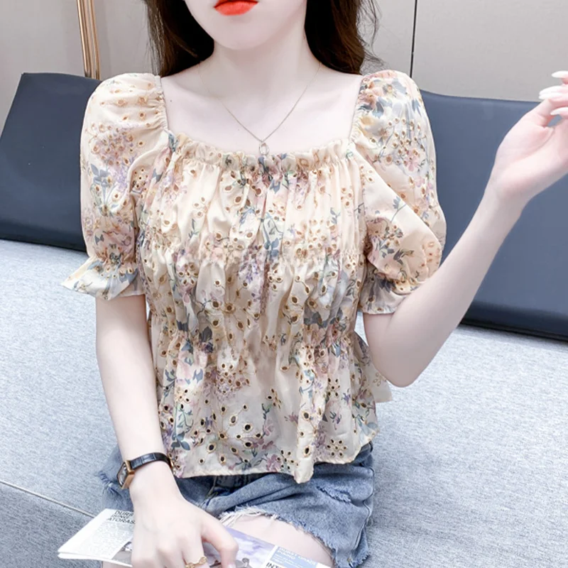 Женская шифоновая блузка с рукавами-фонариками и открытыми плечами