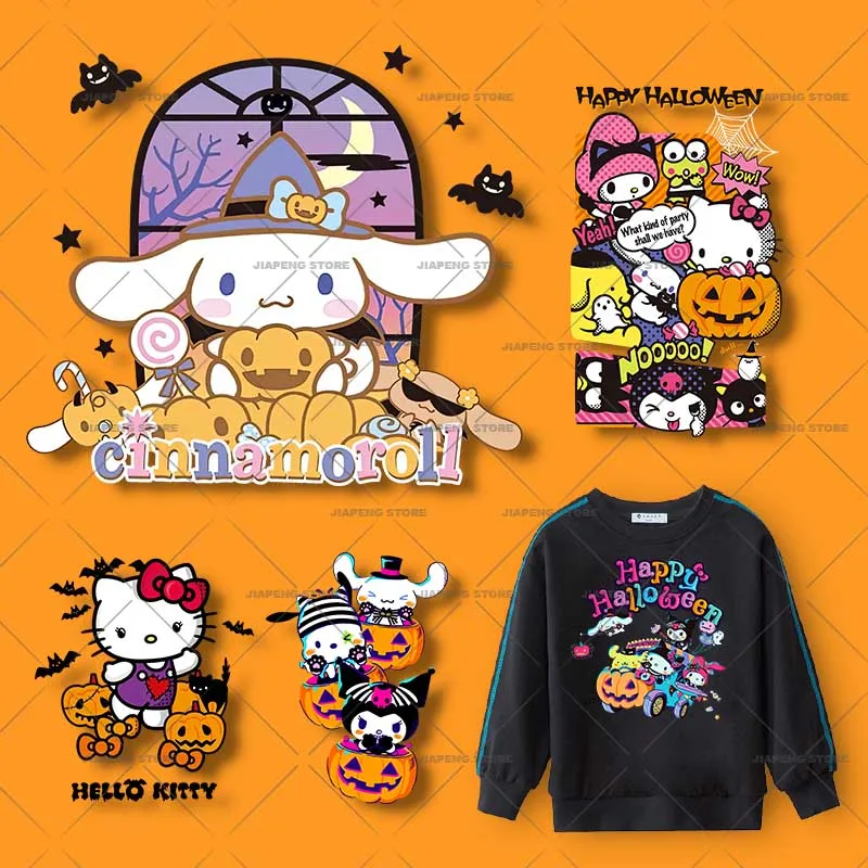 

Sanrio Halloween Cinnamoroll Printed Iron on Heat Transfer Vinyl Stickers For Kids Clothes Hello Kitty Patches On Clothing Decor