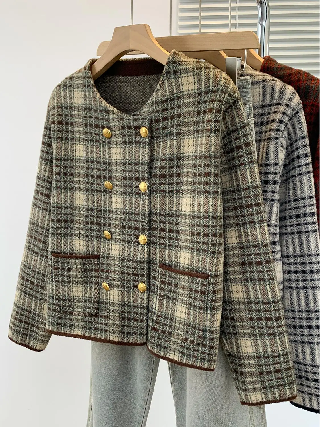 Ankela красная изящная клетчатая шерстяная куртка женская осень и зима больших