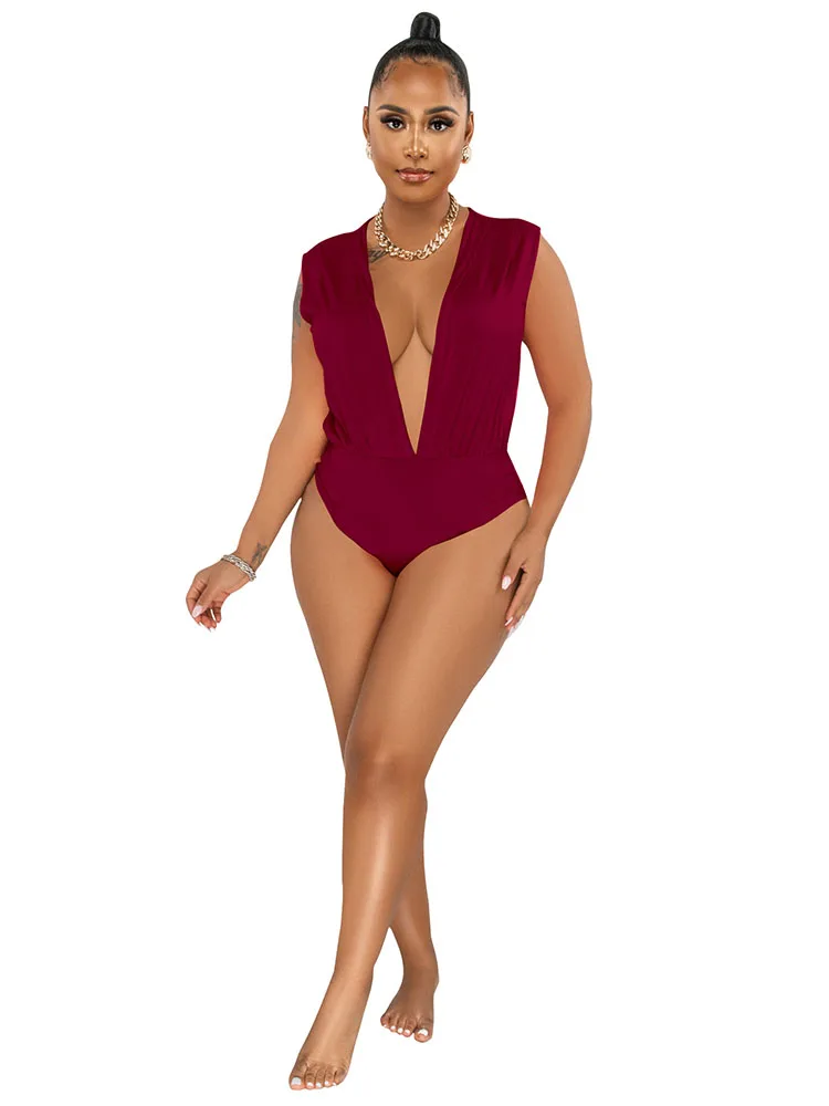 

Szkzk Summer 2022 New Rompers swimsuit Women Deep V neck hollow out high waist solid color sexy seaside party bodysuit