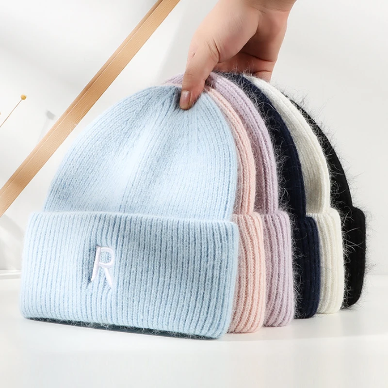 

2022 New Rabbit Fur Knitted Hat Women Fashion Embroidery Letter R Beanies Female Outdoor Warm Windproof Winter Casquette Hat