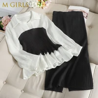 n girls fashion sets knit sweater tops pencil split skirt outfits for women elegant ladies two pieces suits korean women clothes