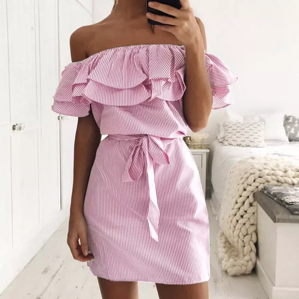 Women Elastic Horizontal Collar Off Shoulder Dress Sexy Stripe Ruffle Elastic Horizontal Collar Off Shoulder Dress for Party