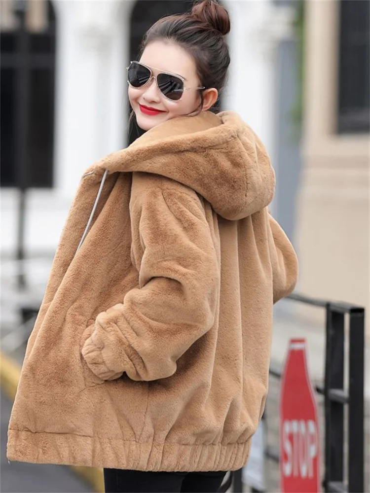 Temperament Slim Plus Velvet Thickened Imitation Rabbit Fur Coat Women 2022 Winter New Hooded Solid Color Plush Long Sleeve Coat