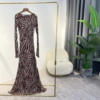 high quality new 2022 autumn zebra stripes printing o neck flare long sleeve elegant slim floor length silk dresses for women