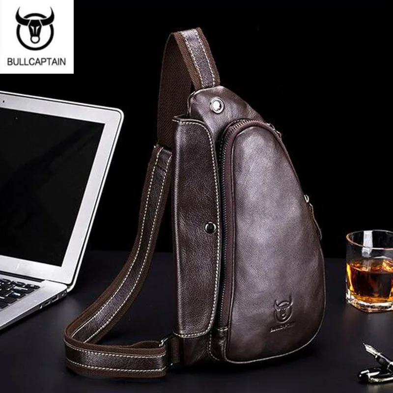 BULLCAPTAIN Leather Crossbody Bag for Men Messenger Chest Bag Casual Shoulder Strap Pack New Fashion