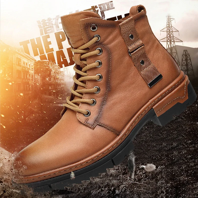 Men Tooling Boots Genuine Leather Lace-Up Round Head Warm Plus Velvet Desert Ankle Boots Sports Western Knight Motorcycle Boots