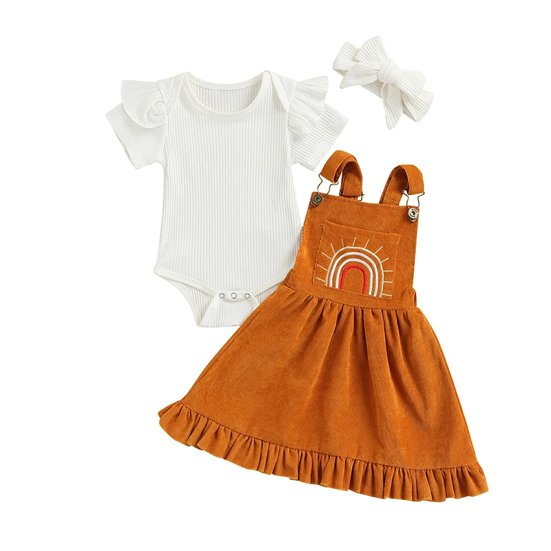 

Pudcoco 0-24M 3Pcs Newborn Kids Infant Girls Summer Ruffles Bodysuit Tops+Rainbow Print Ruffles Suspender A-Line Skirt+Hairband