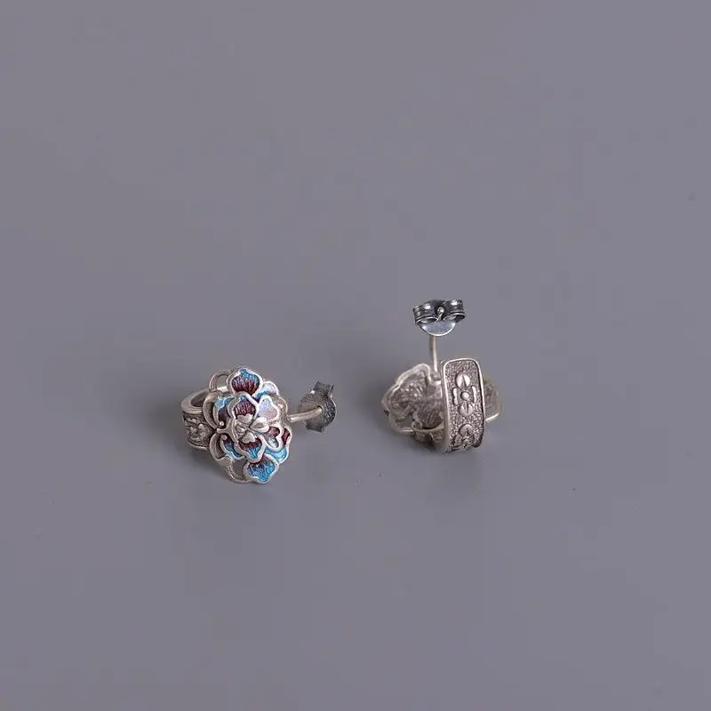 

Noble Palace Style Earrings, Burnt Blue Earrings, Women's White Gold, Retro Chinese Peony Flowers, Cloisonné Aural Gifts
