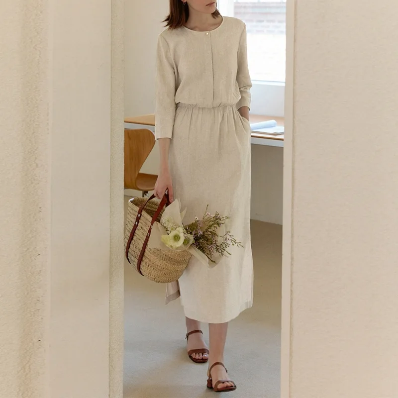 

Винтажное платье-макси из хлопка и льна, с карманами