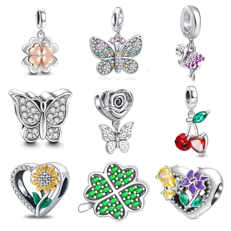 925 Стерлинговое Серебро Бабочка Четырехлистный Клевер Зеленый Лист Птица Цветок Украшение для Браслета DIY Бусина Подходит для Оригинальной Подвески Оберега Браслета Ювелирные Изделия 2022 Новое