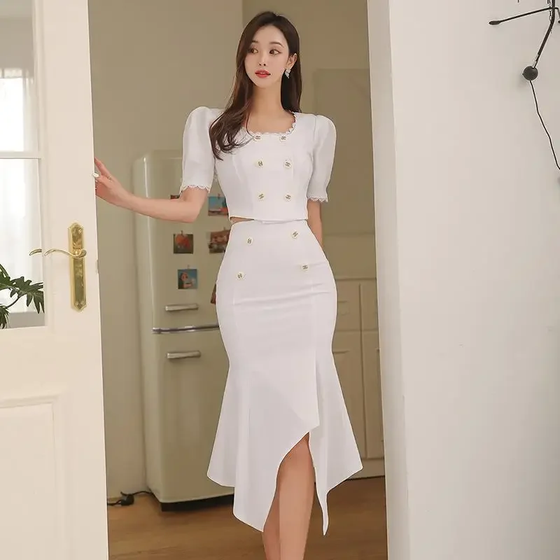 Лето 2023 новый светский стиль квадратный воротник-пафф кружевной укороченный топ