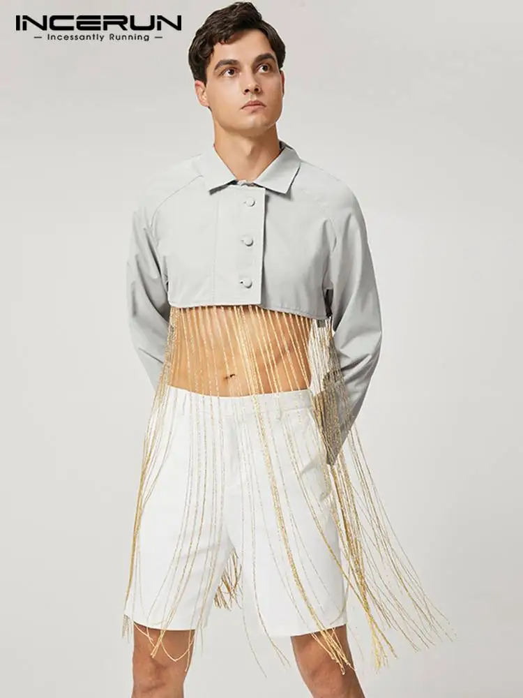 

INCERUN Tops 2022 American Style Handsome New Men Long-sleeved Blazer Casual Well Fitting Truncated Gold Long Tassel Suits S-5XL