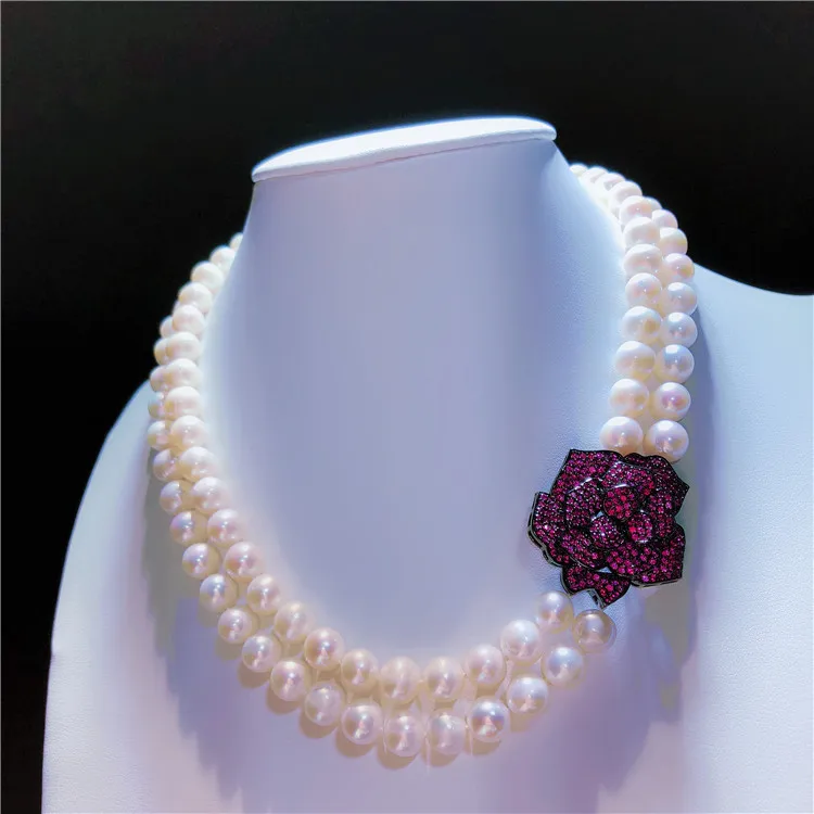 

Hand knotted natural 2rows 8-9mm white freshwater pearl flowers micro inlay zircon accessories necklace fashion jewelry