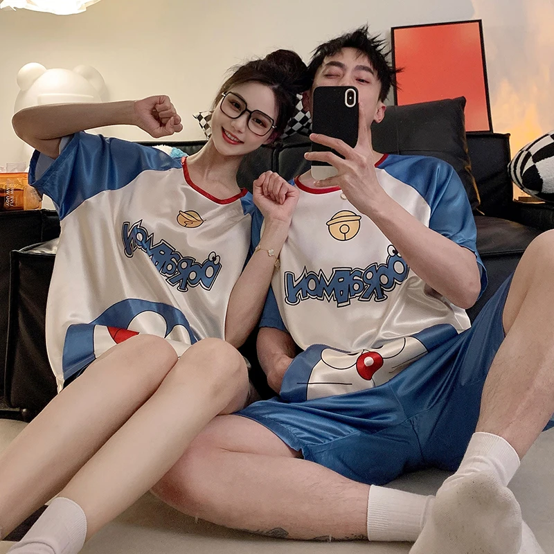 3XL Summer Pajama Sets Women Men Couple Leisure Home Clothes Pajamas Silk Cloth Pyjama Pour Femme Cartoon Doraemon Sleepwear