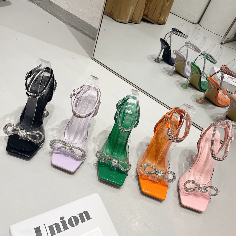 

Женские Босоножки на каблуке, бежевые мягкие сандалии с квадратным носком и бантом-бабочкой, на высоком каблуке, с блестками, 2023