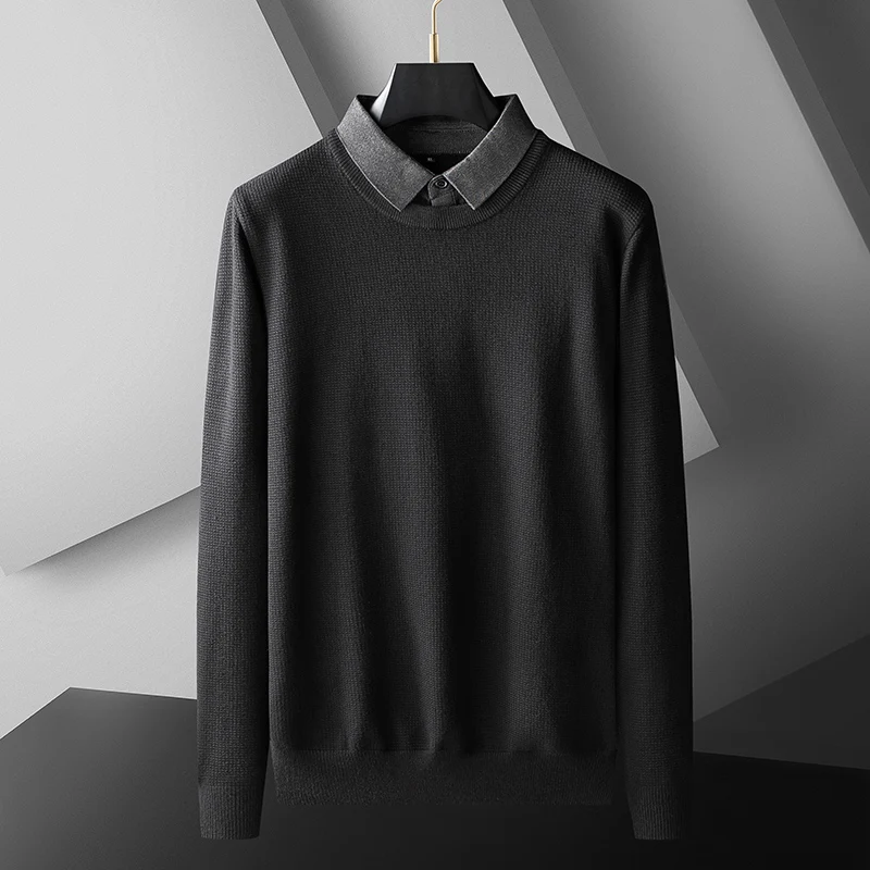 

Fake Two Pieces Mens Oversized Sweater Knitted Sweater Long Sleeve O Neck Wool Casual Fashion Sueters De Hombre Pullover 7XL