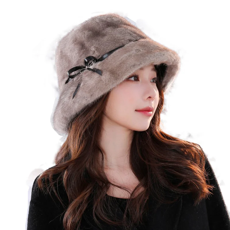 Mink Fur Bucket Hat 2022 New Women's Whinter Warm Fur Hat Ruffle Top Hat Thickened Outdoor Fisherman's Hat Girl's Hat