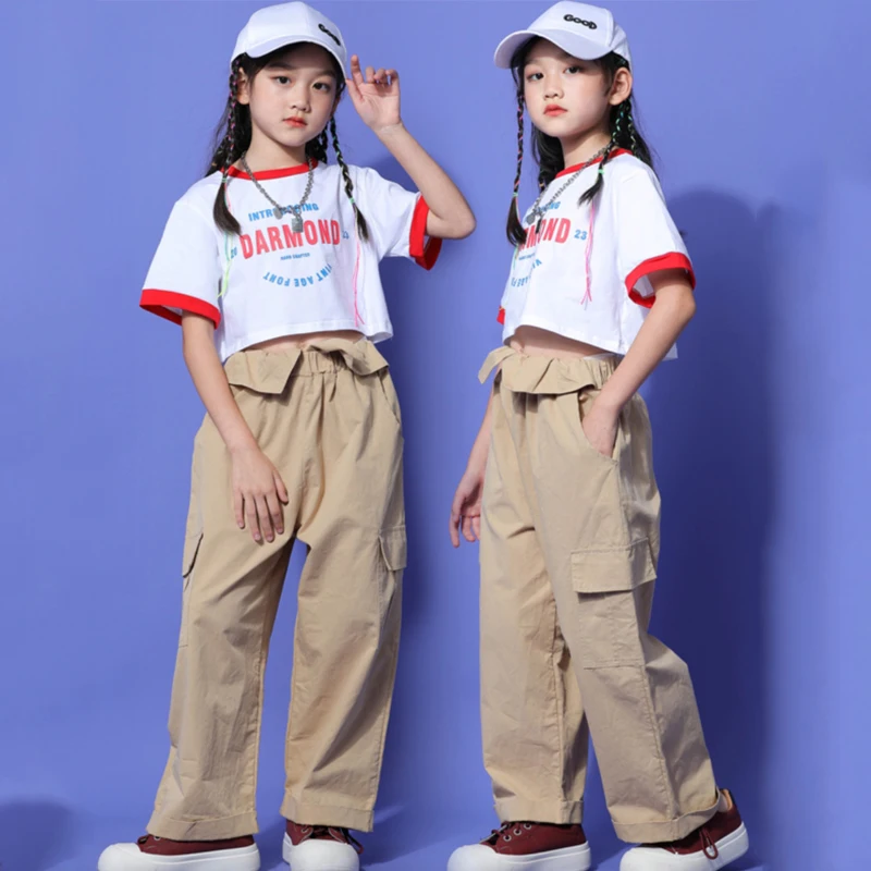 

Fashion Jazz Modern Dance Clothing For Kids White Crop Tops Loose Pants Suit Girls Streetwear Hip Hop Dance Costumes DQS13547