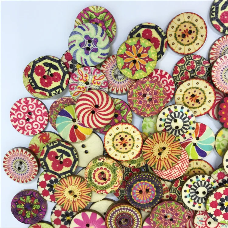 

50/100PCS15/20/25mm Mixed Flowers Pattern 2-holes Round Wooden Buttons For Sewing Clothing Scrapbooking Crafts Home Decor