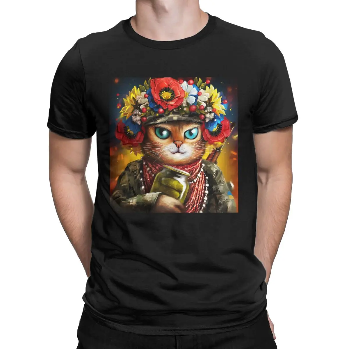

Ukrainian Cat Soldier In A Wreath Of Flowers t shirt for men Ukraine Vintage Short Sleeve Round Neck 100% Cotton Graphic Tops