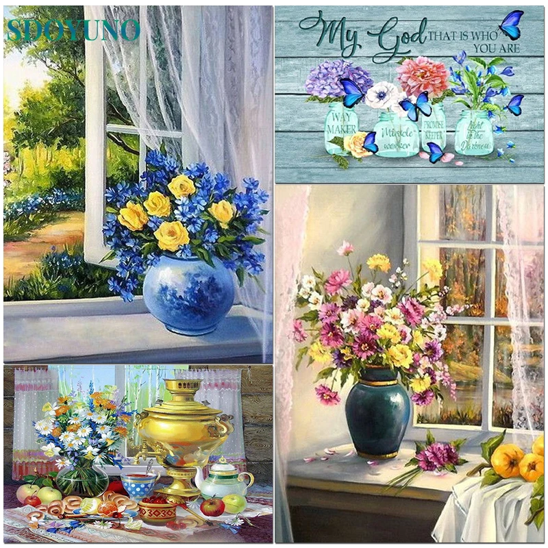 

SDOYUNO Frame DIY Painting By Numbers Flower Acrylic Paint By Number Handpainted For Home Wall Art Decor Calligraphy Painting