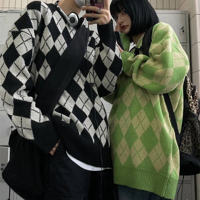 

Korean Harajuku Grunge Y2K Jumpers Retro Argyle Plaid Knitted Pullovers Autumn 90s Vintage Preppy Couples Sweater Streetwear