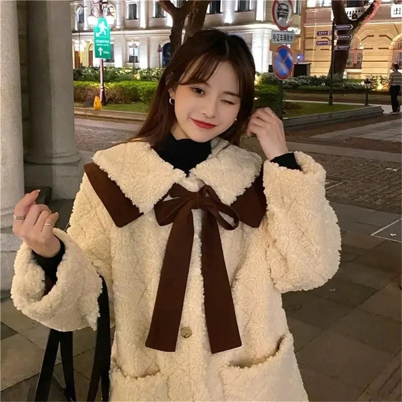 2021 Autumn and Winter Diamond Lattice Thick Lamb Fur Fur Coat Women's Bow Shawl Street Fashion Long-sleeved Women's Clothing