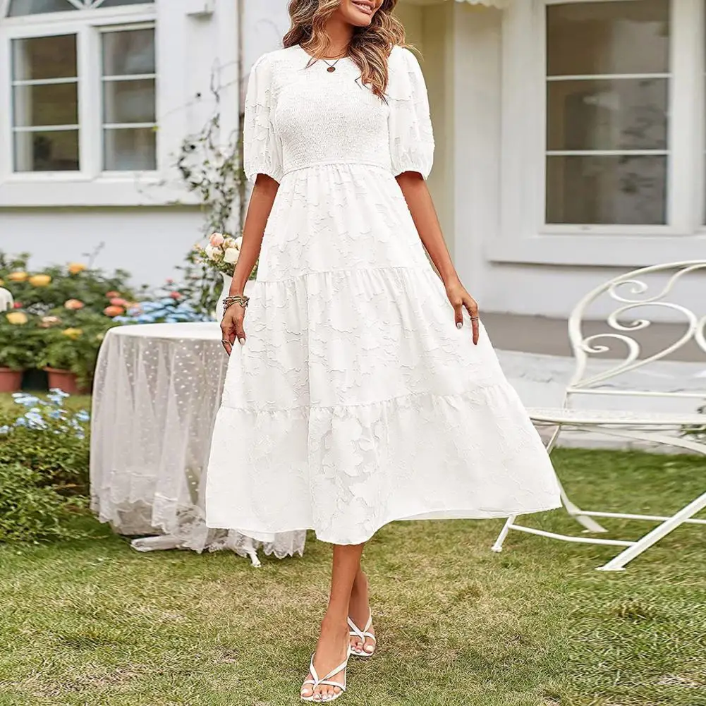 

Summer Dress O-neck Puff Half Sleeves Pleated Elastic Top Flowy Tiered Hem Party Dress Women Sweet Floral Print Midi Dress