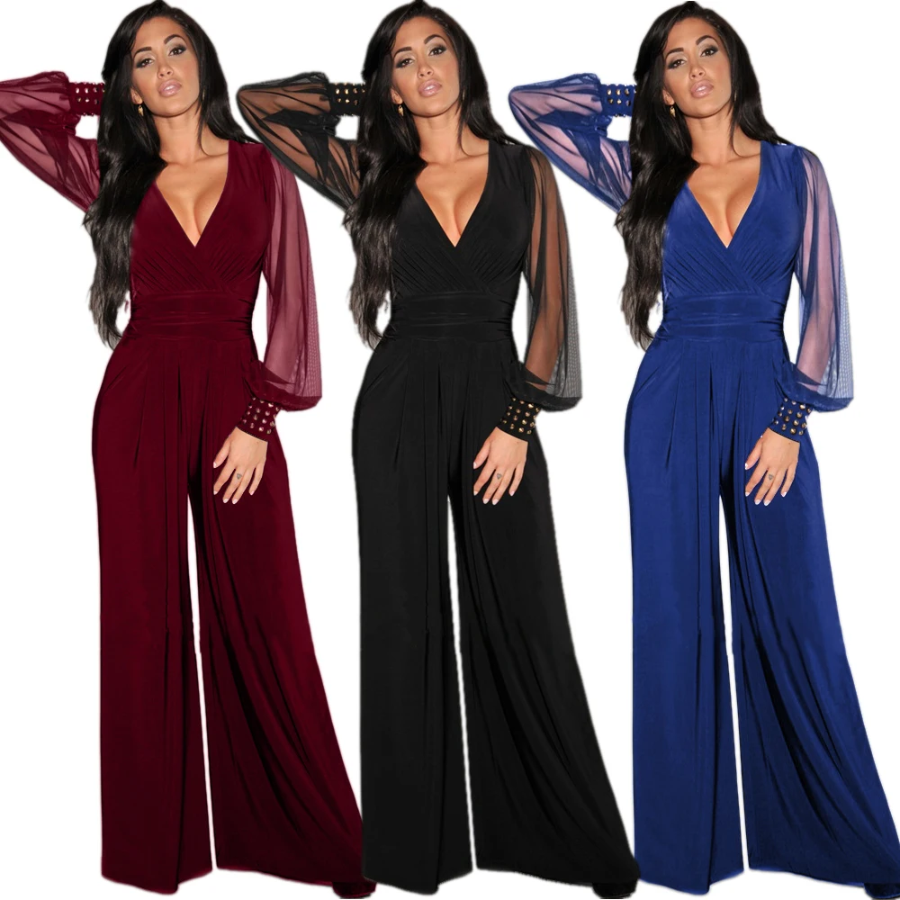 

ROENICK Women Sexy V-neck Long Sleeve Jumpsuits Mesh Night Club Overalls Female Wide Leg Autumn Rompers Rivet Clubwear Playsuit