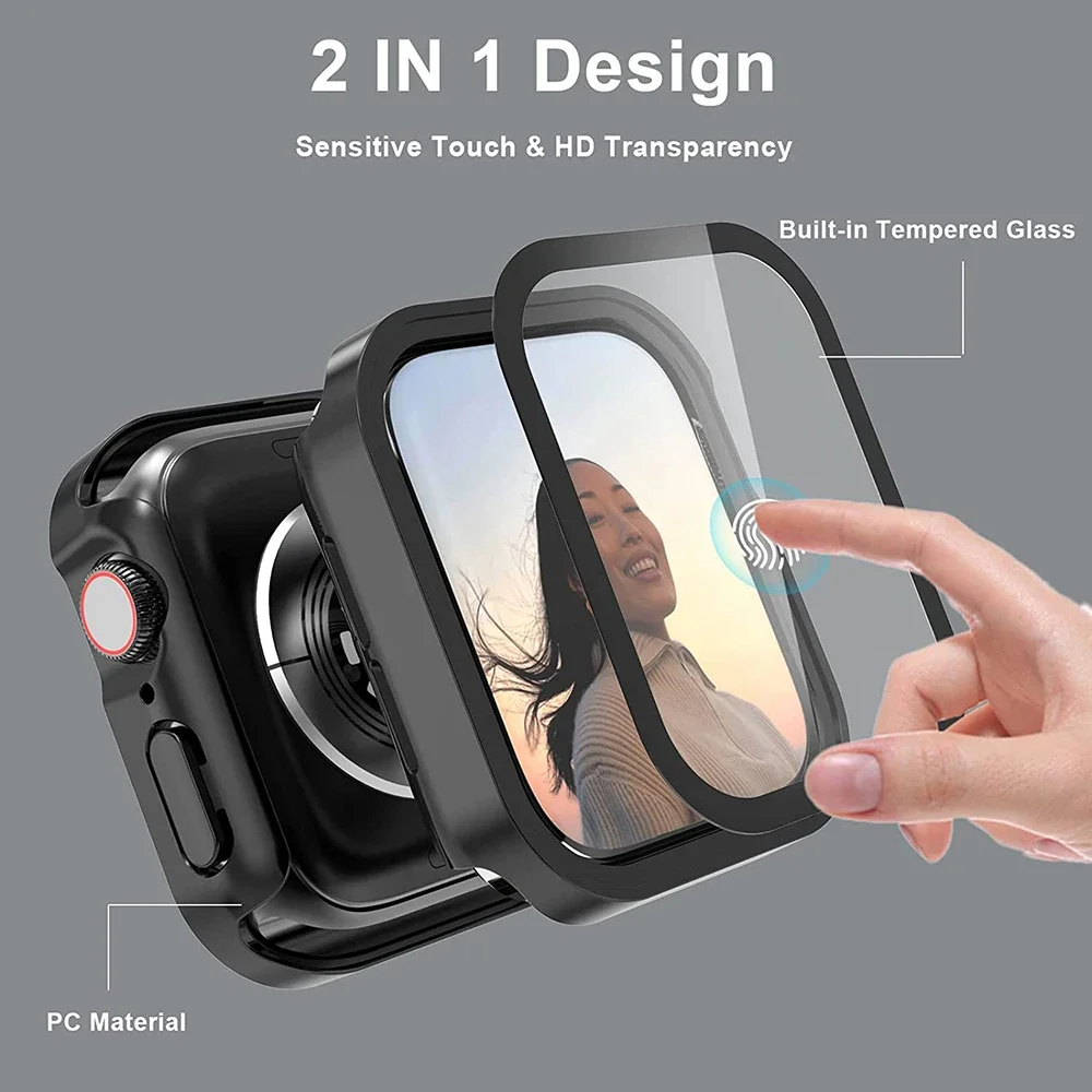 Glass+Cover for Apple Watch case 45mm 41mm 44mm 40mm Tempered Screen Protector Protective accessories iWatch series 7 8 SE 6 5 4