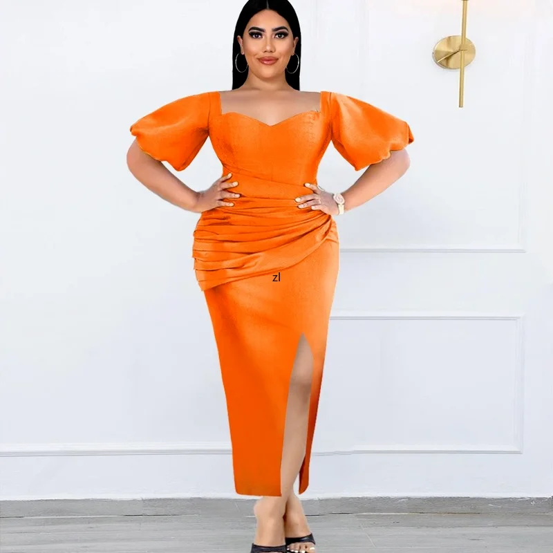 

African Women Orange Dress Sweetheart Neck Puff Sleeves Folds Bodycon Slit Dress Elegant Summer Event Party Birthday Outfits 4XL