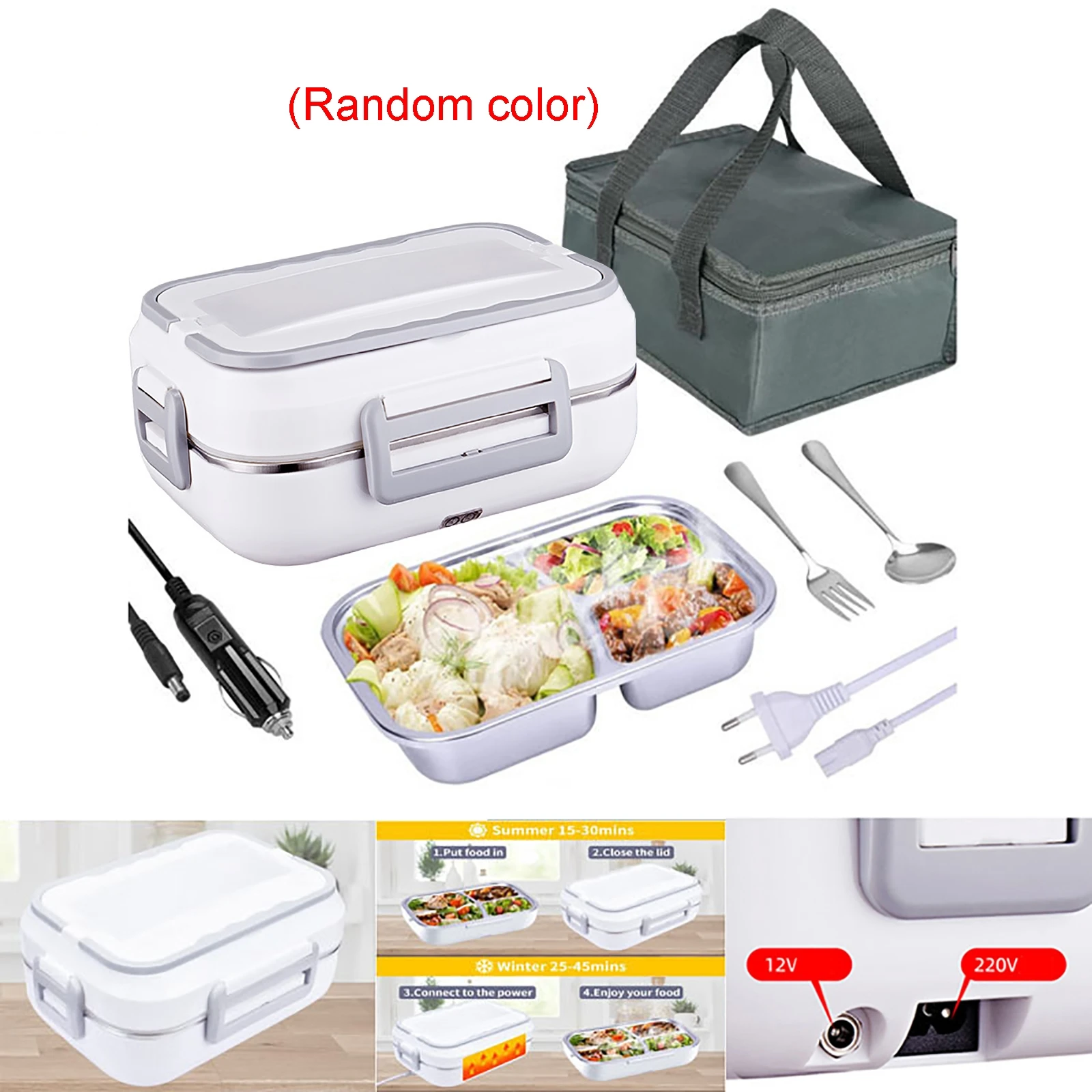 

2 In 1 Car Home Electric Lunch Box Portable Water-free Heating Insulation Electric Lunch Box with Insulation Bag and Spoon Fork
