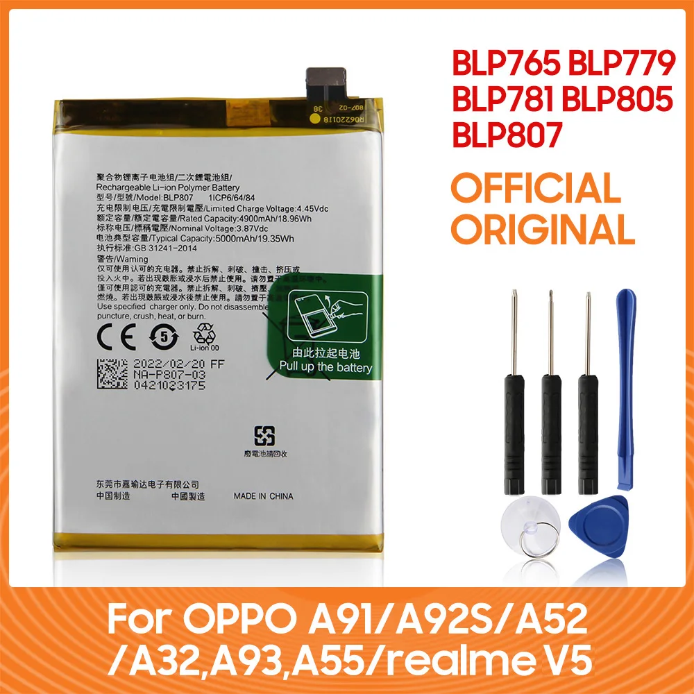 Original Ersatz Batterie BLP765 BLP779 BLP781 BLP805 BLP807 Für OPPO A91 A92S A52 A32 A93 A55 Realme V5 Mit Freies werkzeug