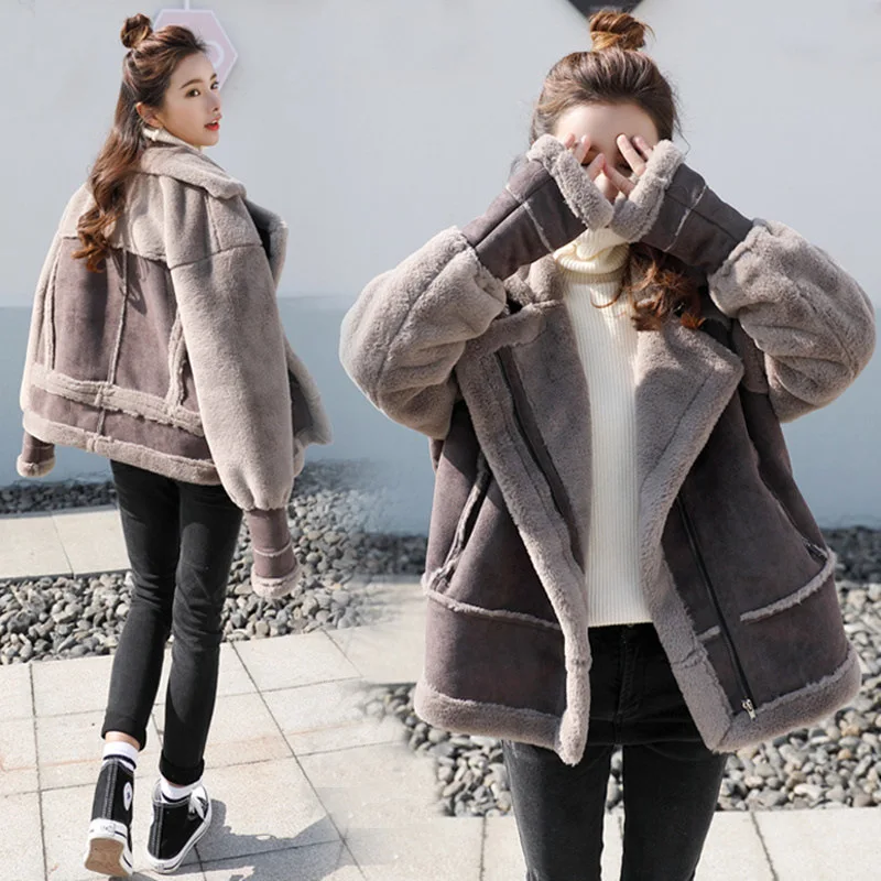 KoHuiJoo Faux Leather Suede Lambs Wool Coat Female Shearling Overcoat Thickening Warm Motorcycle Jacket Cotton-padded Clothes