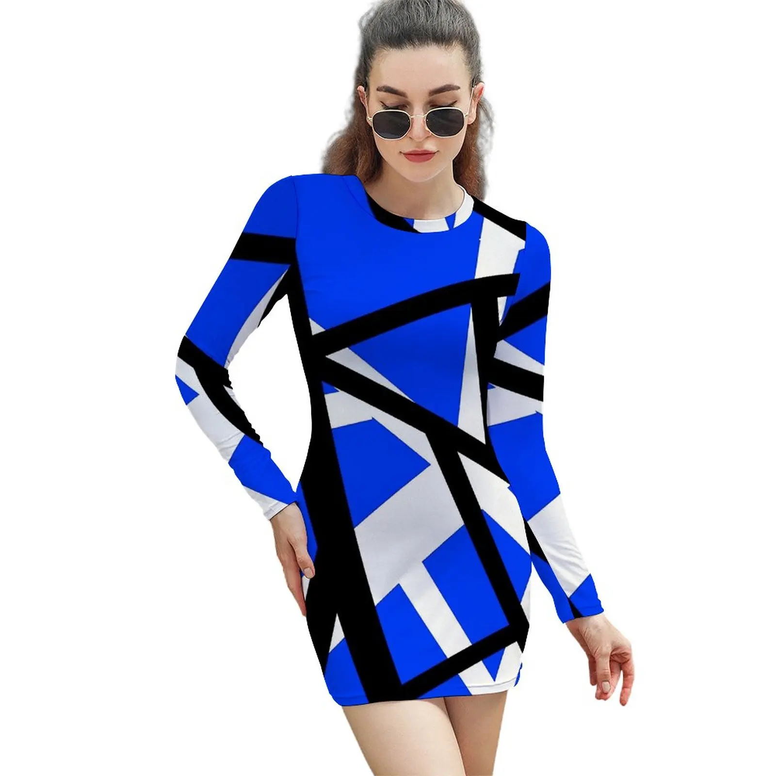 

Женское платье с длинным рукавом и принтом в синюю полоску